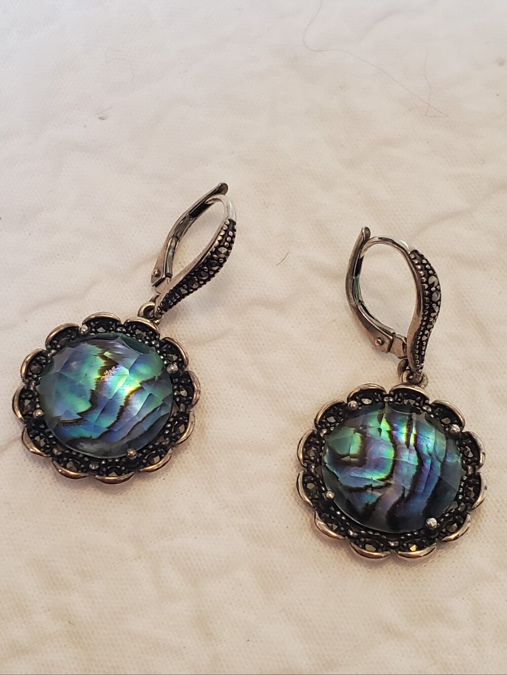 Vintage Judith Jack Abalone Doublet Sterling Silver Marcasite Leverback Earrings